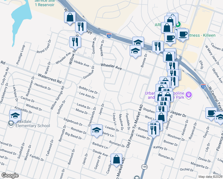 map of restaurants, bars, coffee shops, grocery stores, and more near 1227 Meadow Drive in Killeen