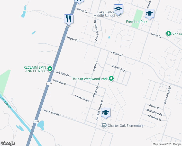 map of restaurants, bars, coffee shops, grocery stores, and more near 1720 Cedar Lane in Temple