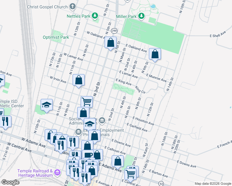 map of restaurants, bars, coffee shops, grocery stores, and more near 915 South 2nd Street in Temple