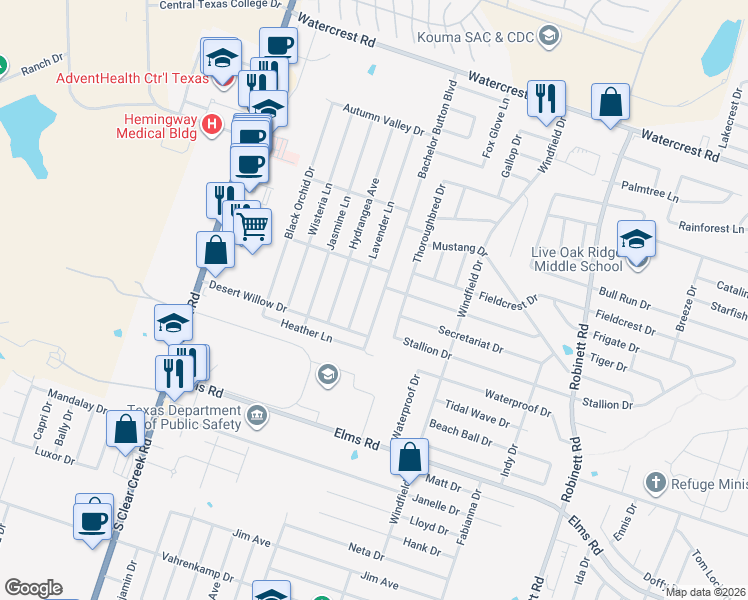 map of restaurants, bars, coffee shops, grocery stores, and more near 3005 Thoroughbred Drive in Killeen