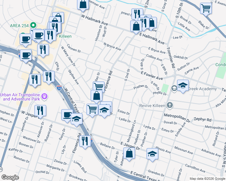 map of restaurants, bars, coffee shops, grocery stores, and more near 203 West Mary Jane Drive in Killeen