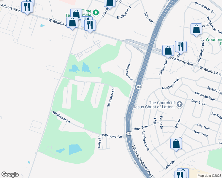 map of restaurants, bars, coffee shops, grocery stores, and more near 4707 Sunflower Lane in Temple