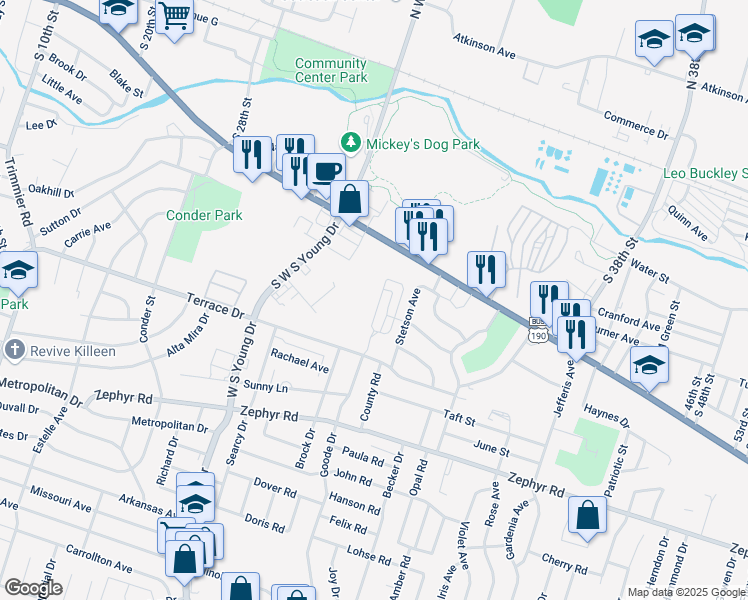 map of restaurants, bars, coffee shops, grocery stores, and more near 2606 Lewis Drive in Killeen