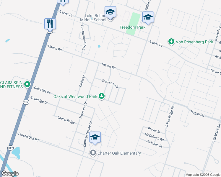 map of restaurants, bars, coffee shops, grocery stores, and more near 1623 Bent Oak Drive in Temple