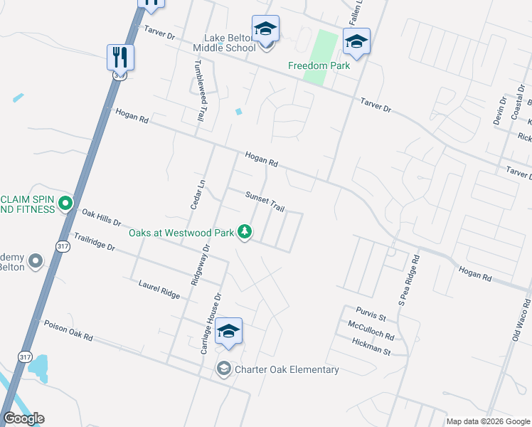 map of restaurants, bars, coffee shops, grocery stores, and more near 1623 Bent Oak Drive in Temple