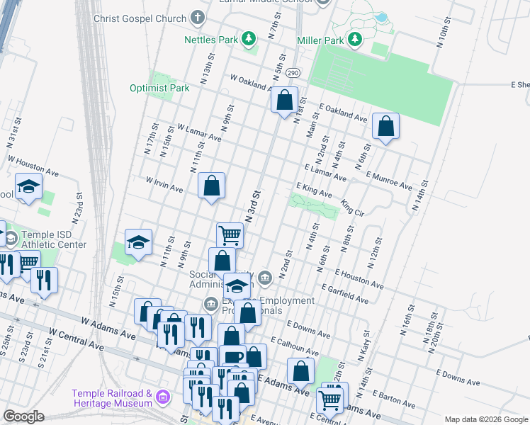 map of restaurants, bars, coffee shops, grocery stores, and more near 817 North 3rd Street in Temple