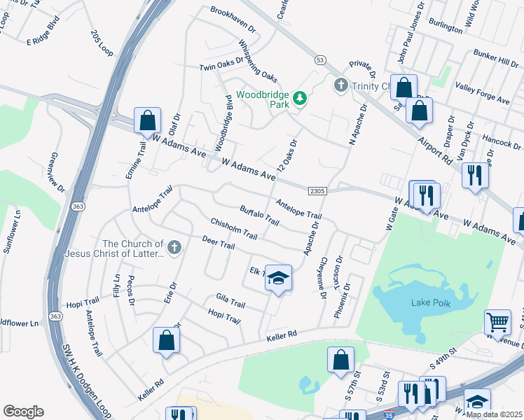 map of restaurants, bars, coffee shops, grocery stores, and more near 200 Blackfoot Drive in Temple