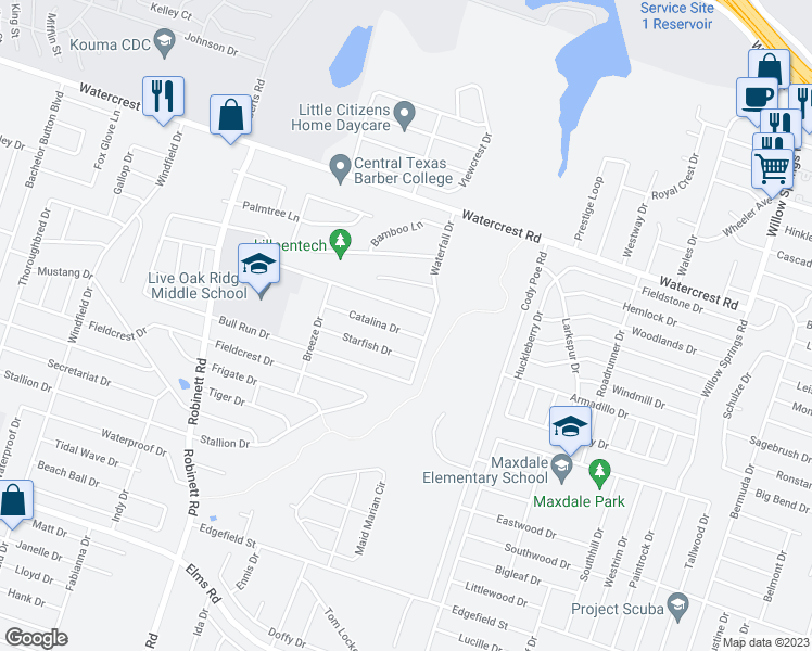 map of restaurants, bars, coffee shops, grocery stores, and more near 3307 Catalina Drive in Killeen