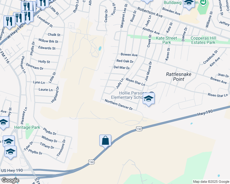 map of restaurants, bars, coffee shops, grocery stores, and more near 1405 Judy Lane in Copperas Cove