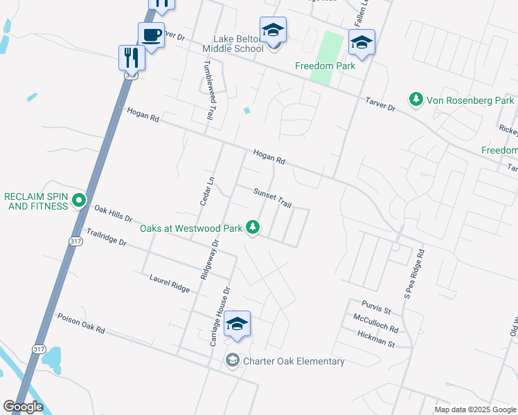 map of restaurants, bars, coffee shops, grocery stores, and more near 1618 Bent Oak Drive in Temple