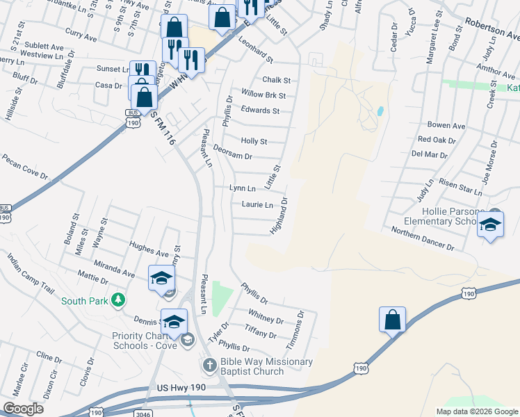 map of restaurants, bars, coffee shops, grocery stores, and more near 913 Tammy Drive in Copperas Cove