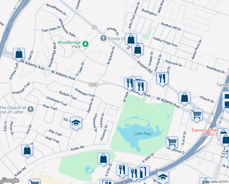 map of restaurants, bars, coffee shops, grocery stores, and more near 3011 West Adams Avenue in Temple