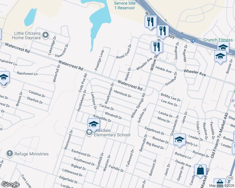 map of restaurants, bars, coffee shops, grocery stores, and more near 2604 Woodlands Drive in Killeen