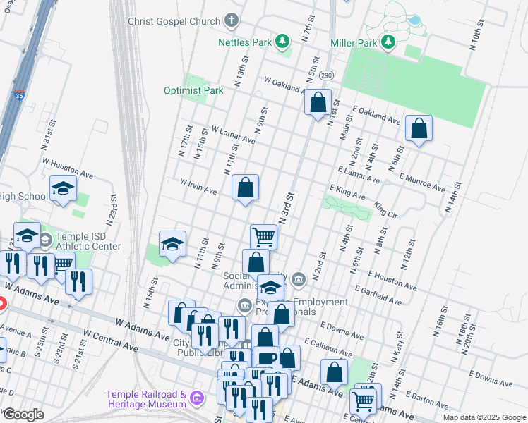 map of restaurants, bars, coffee shops, grocery stores, and more near 809 North 5th Street in Temple