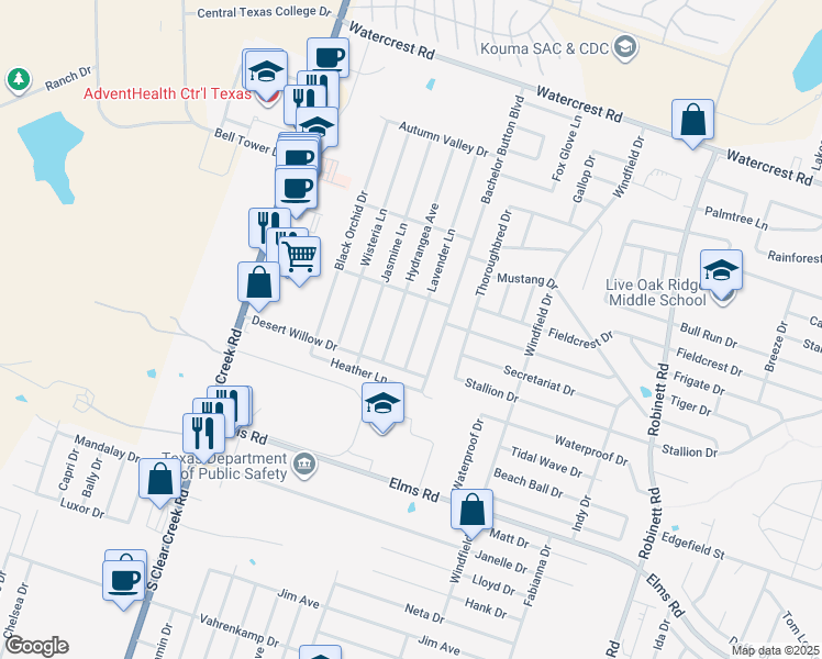 map of restaurants, bars, coffee shops, grocery stores, and more near 3006 Lavender Lane in Killeen