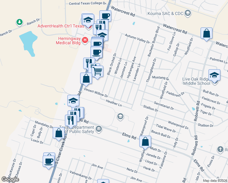 map of restaurants, bars, coffee shops, grocery stores, and more near 3102 Jasmine Lane in Killeen