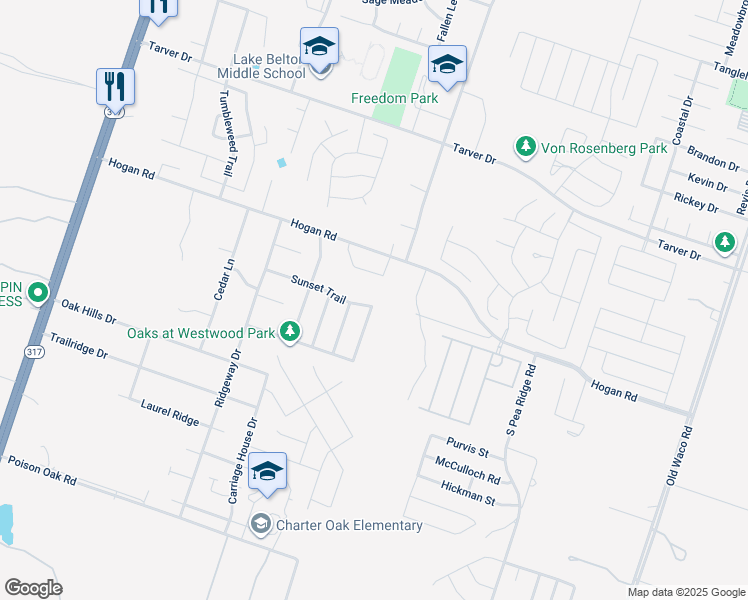 map of restaurants, bars, coffee shops, grocery stores, and more near 1603 Wood Creek Drive in Temple