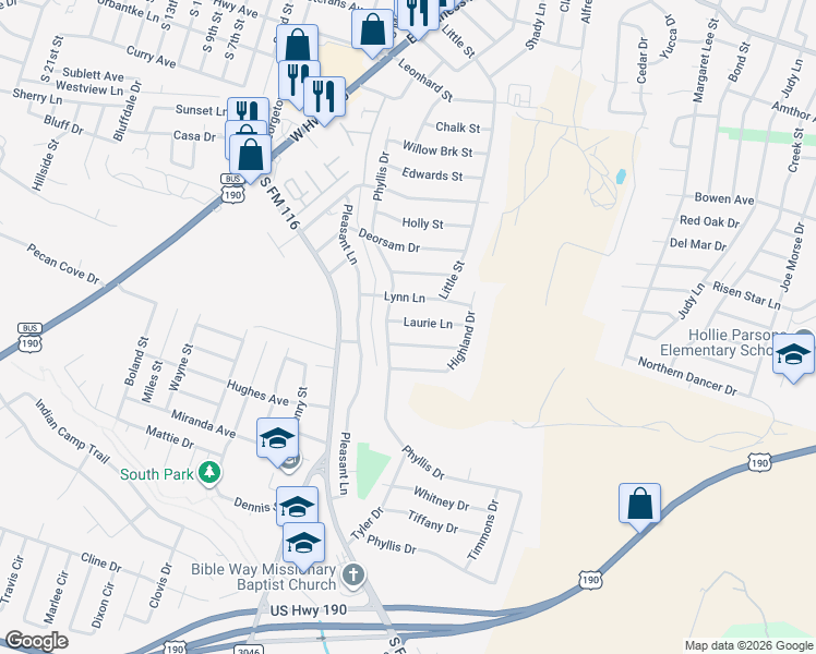 map of restaurants, bars, coffee shops, grocery stores, and more near 906 Laurie Lane in Copperas Cove