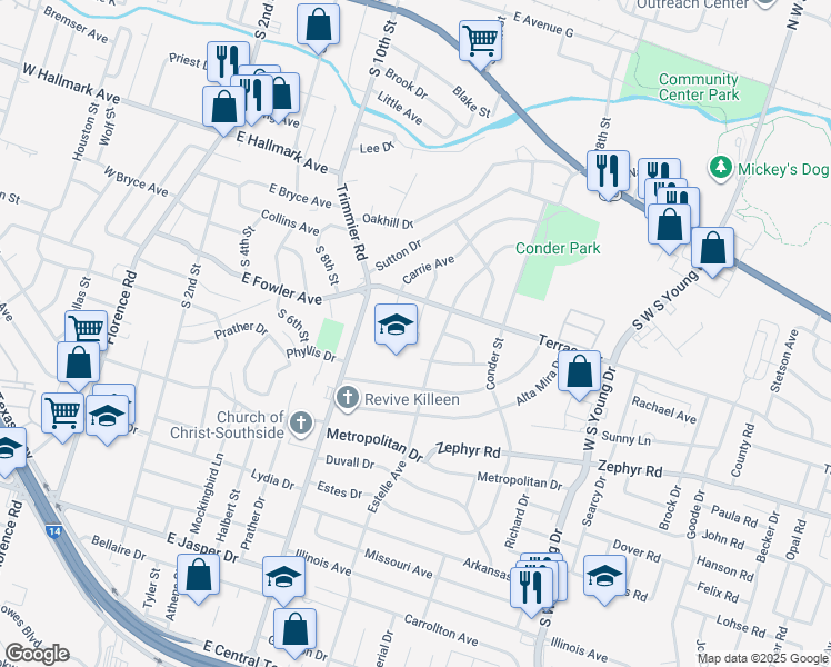 map of restaurants, bars, coffee shops, grocery stores, and more near 1020 Trimmier Road in Killeen