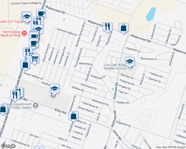 map of restaurants, bars, coffee shops, grocery stores, and more near 4400 Fieldcrest Drive in Killeen