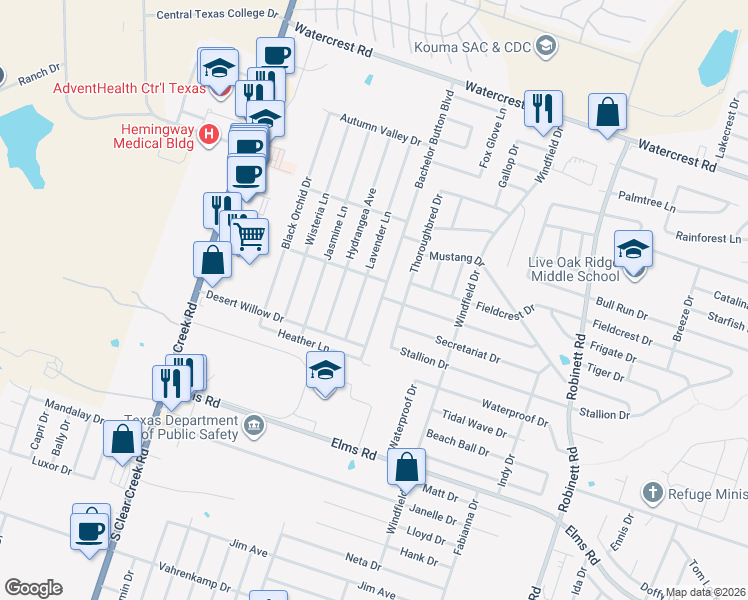 map of restaurants, bars, coffee shops, grocery stores, and more near 3005 Thoroughbred Drive in Killeen