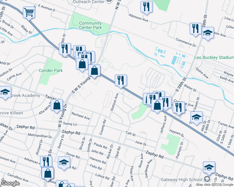 map of restaurants, bars, coffee shops, grocery stores, and more near 803 Stetson Avenue in Killeen