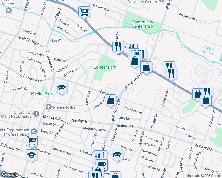 map of restaurants, bars, coffee shops, grocery stores, and more near 1701 Terrace Drive in Killeen