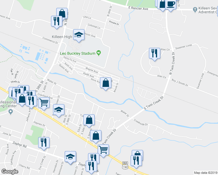 map of restaurants, bars, coffee shops, grocery stores, and more near 3352 Keith Avenue in Killeen