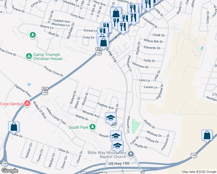 map of restaurants, bars, coffee shops, grocery stores, and more near 1214 Ritter Street in Copperas Cove