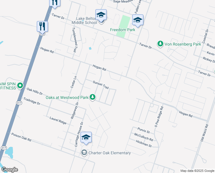 map of restaurants, bars, coffee shops, grocery stores, and more near 8314 Sunset Trail in Temple