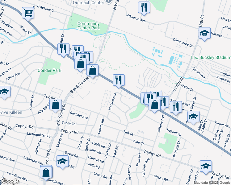 map of restaurants, bars, coffee shops, grocery stores, and more near 803 Stetson Avenue in Killeen
