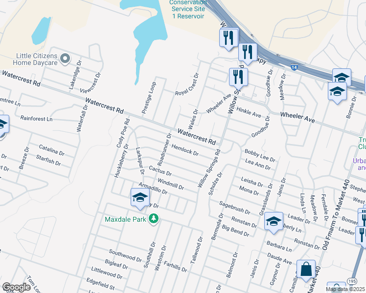 map of restaurants, bars, coffee shops, grocery stores, and more near 2405 Woodlands Drive in Killeen