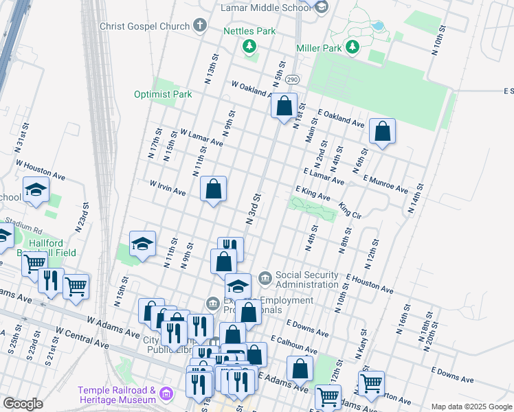 map of restaurants, bars, coffee shops, grocery stores, and more near 917 North 3rd Street in Temple
