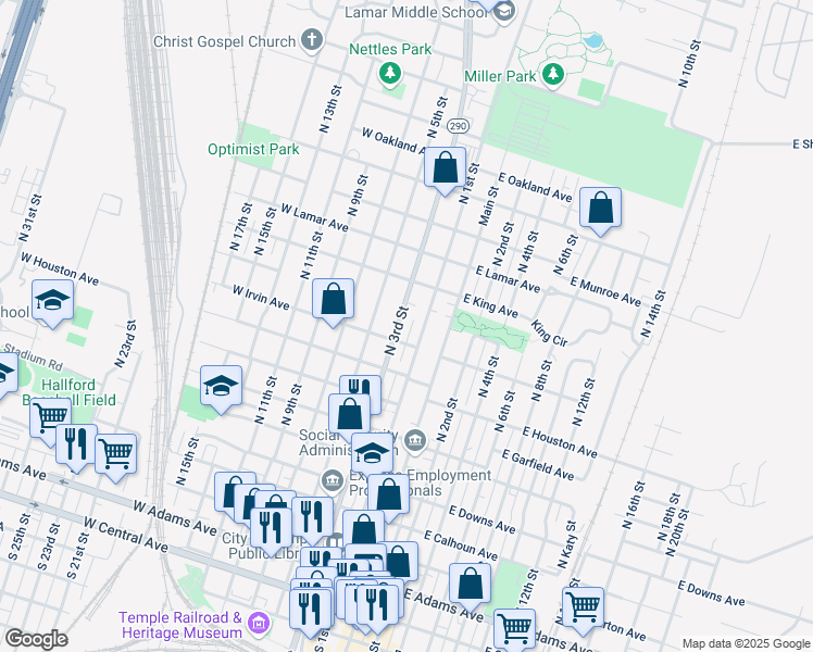 map of restaurants, bars, coffee shops, grocery stores, and more near 919 North 3rd Street in Temple