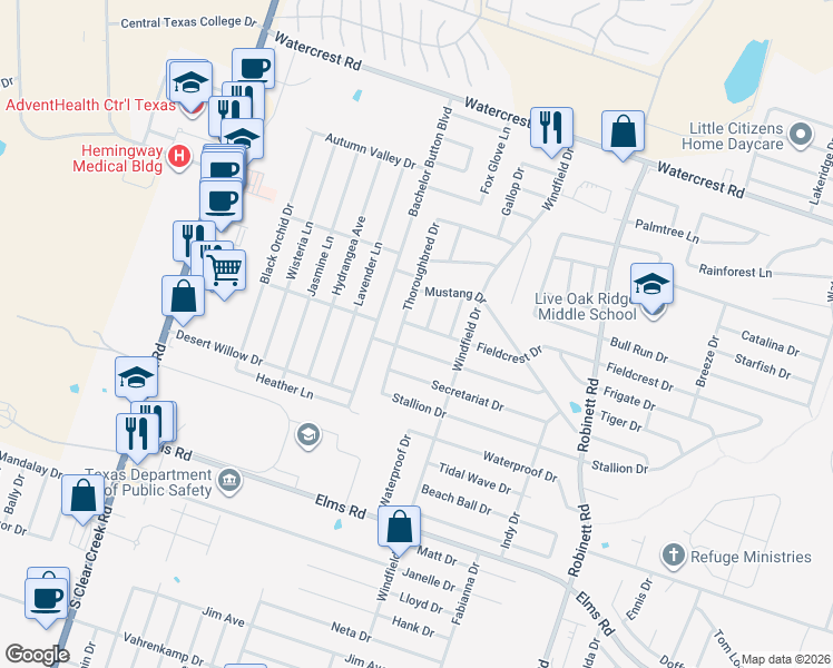 map of restaurants, bars, coffee shops, grocery stores, and more near 4604 Fieldcrest Drive in Killeen