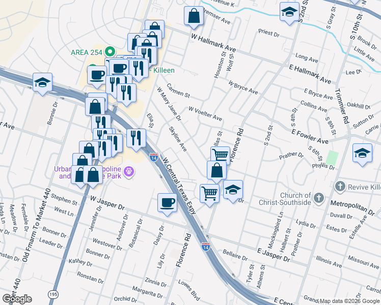 map of restaurants, bars, coffee shops, grocery stores, and more near 501 Skyline Avenue in Killeen