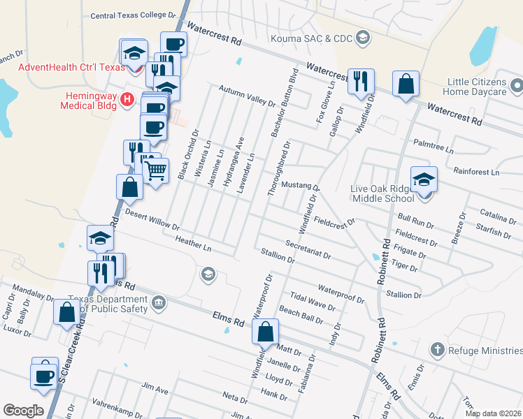 map of restaurants, bars, coffee shops, grocery stores, and more near 2907 Thoroughbred Drive in Killeen