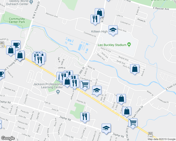 map of restaurants, bars, coffee shops, grocery stores, and more near 3312 Water Street in Killeen