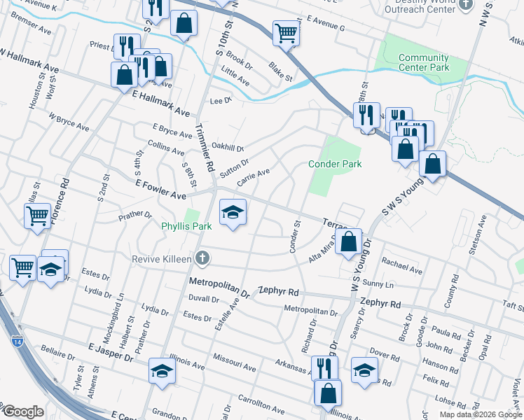 map of restaurants, bars, coffee shops, grocery stores, and more near 920 Wells Street in Killeen
