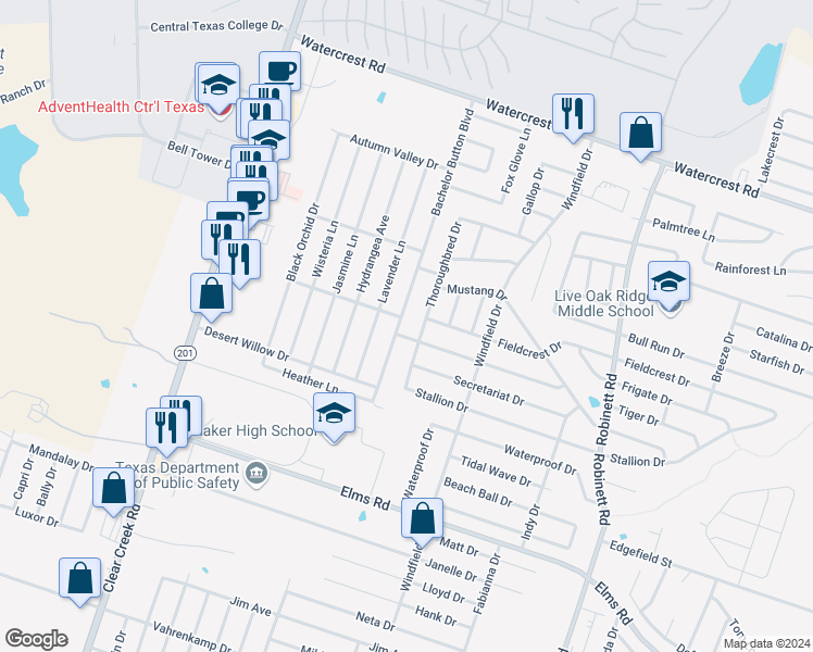 map of restaurants, bars, coffee shops, grocery stores, and more near 2904 Bachelor Button Boulevard in Killeen