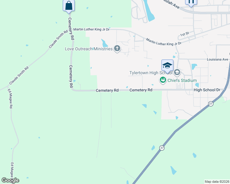 map of restaurants, bars, coffee shops, grocery stores, and more near 161-199 Cemetery Road in Tylertown