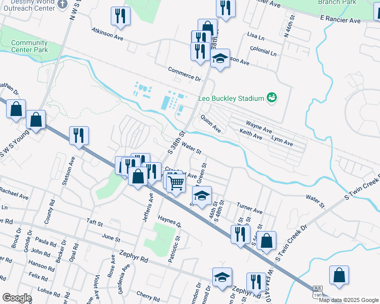 map of restaurants, bars, coffee shops, grocery stores, and more near 3505 Water Street in Killeen