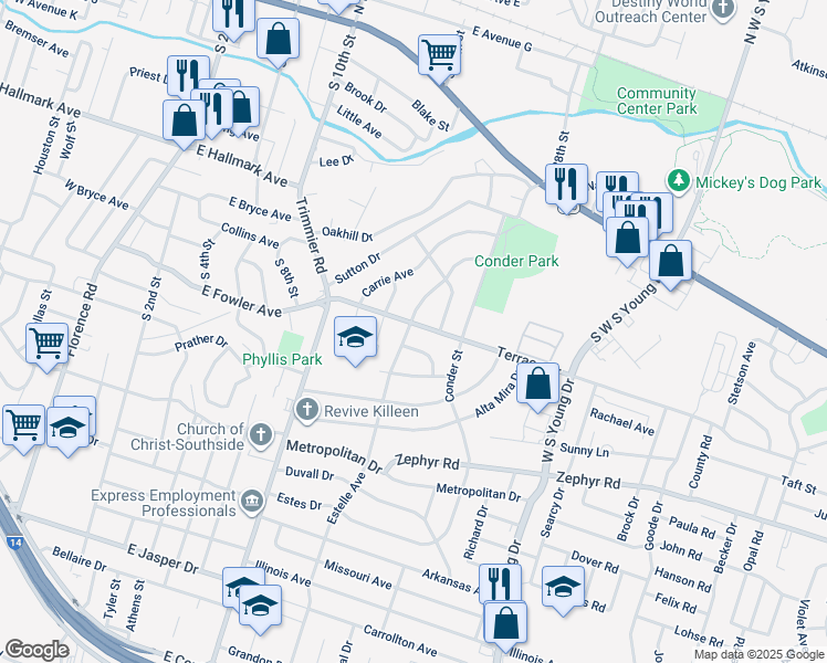map of restaurants, bars, coffee shops, grocery stores, and more near 920 Wells Street in Killeen