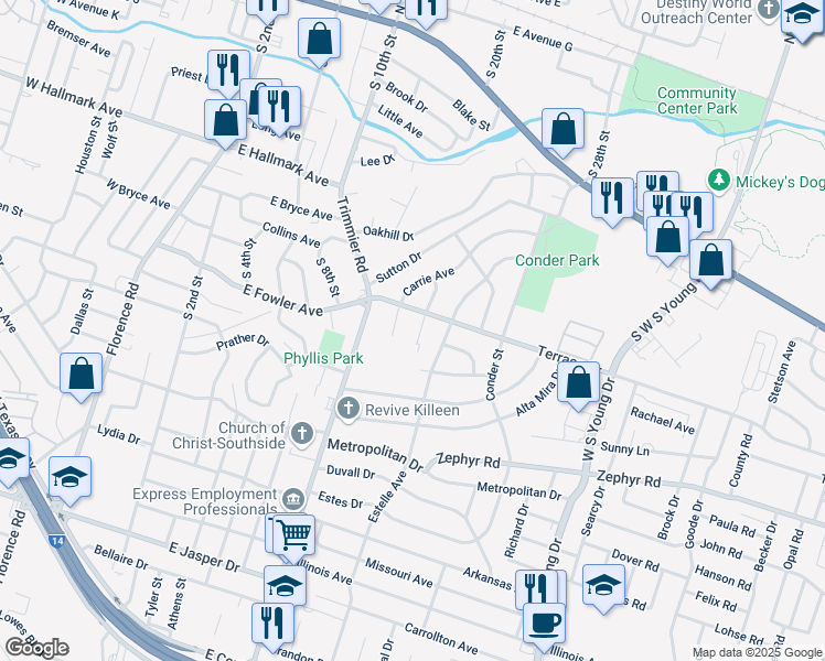 map of restaurants, bars, coffee shops, grocery stores, and more near 1004 Carrie Avenue in Killeen