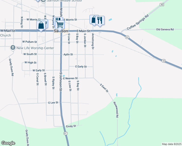 map of restaurants, bars, coffee shops, grocery stores, and more near 302-312 S East St in Samson