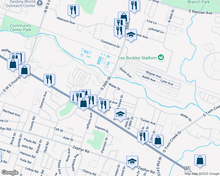 map of restaurants, bars, coffee shops, grocery stores, and more near 3312 Water Street in Killeen