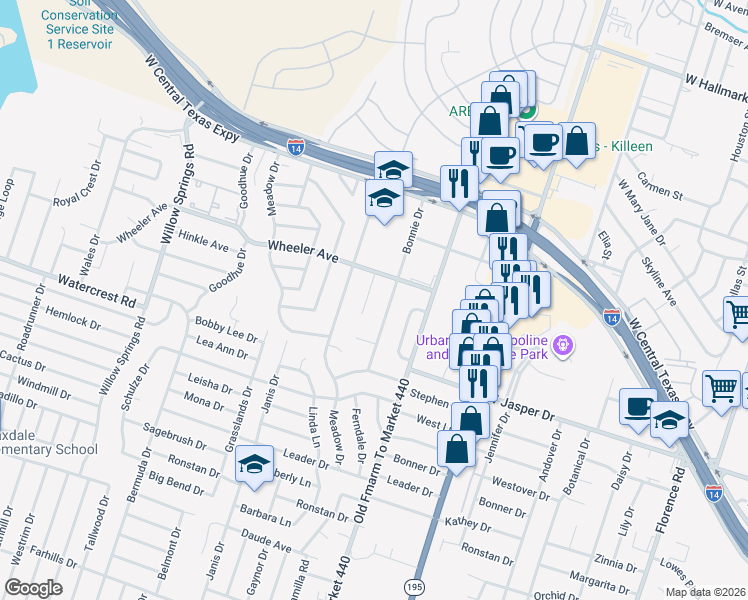 map of restaurants, bars, coffee shops, grocery stores, and more near 1207 Ridgemont Drive in Killeen