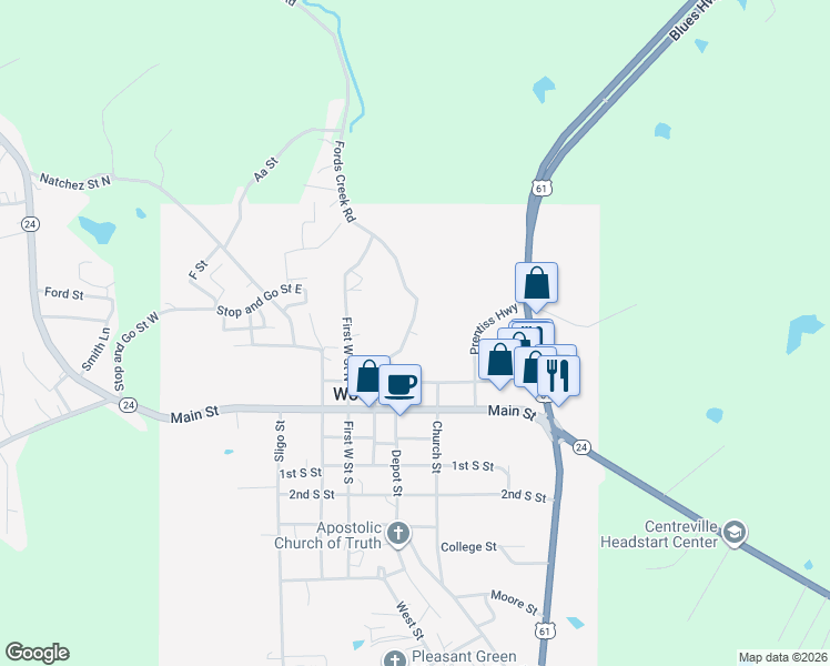 map of restaurants, bars, coffee shops, grocery stores, and more near 404 Fords Creek Road in Woodville