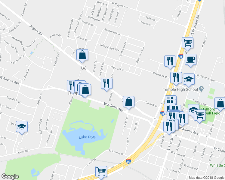 map of restaurants, bars, coffee shops, grocery stores, and more near 2498 Highway 53 in Temple