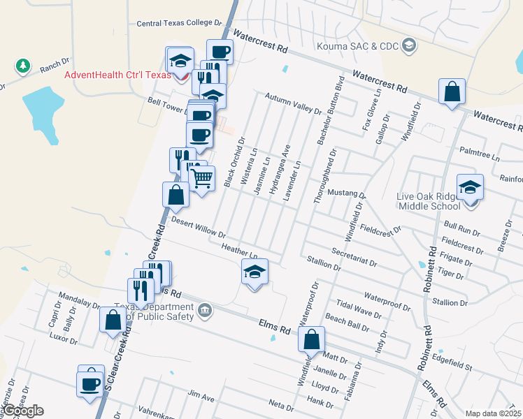 map of restaurants, bars, coffee shops, grocery stores, and more near 2905 Hydrangea Avenue in Killeen